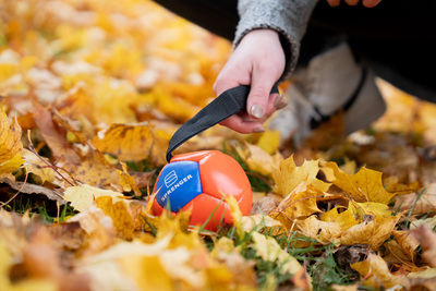 Lopta "futbalová" s priemerom 18cm, s uškom, ekokoža, oranžová/modrá