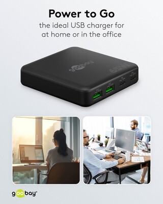 Nabíjačka USB 230V 4port, 2xUSB A, 2xUSB Typ C, 65W, PD, QC 3.0, kábel (C7) 1.5m, GaN, čierna