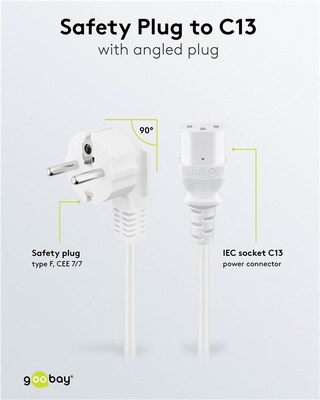 Kábel sieťový 230V, vidlica (CEE7/7) lomená - C13, 1.5m, 0.75mm², 10A, biely