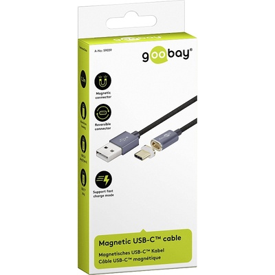 Kábel USB 2.0 AM/CM (3.1 Typ C) 1.2m, High Speed, čierno-strieborný, kovové krytky, MAGNETICKÝ §§