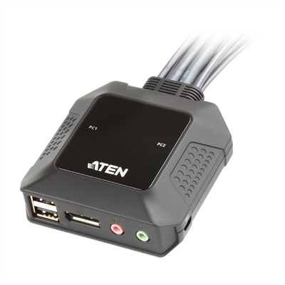 KVM switch/prepínač 2PC, DisplayPort 1.2, USB, audio, 1.2m káble, 4096x2160@30Hz, prepínanie tlačidl