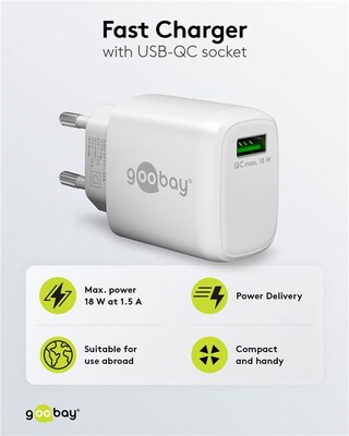 Nabíjačka USB 230V 1 port, 1xUSB A QC 3.0, 18W, biela