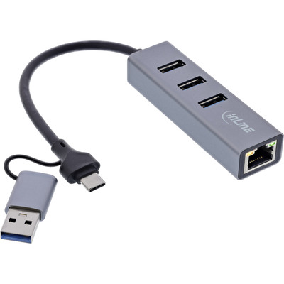 Adaptér USB 3.1 Typ C na RJ45 (Gigabit Ethernet), Hub 3x USB 3.0 A, 10cm, čierny, s adaptérom USB A