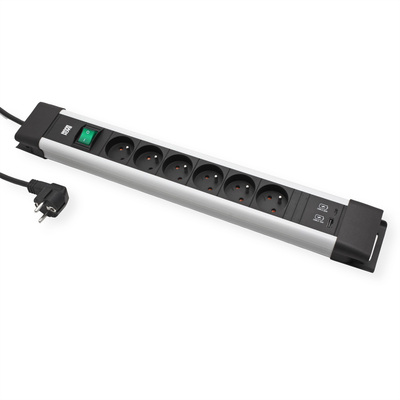 Predlžovačka CONNECTUS, 6xUTE 230V + USB nabíjačka (A+C), s vypínačom, 2m, 1.5mm², hliník, čierna