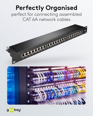 19" Patch panel 24port cat.6a, tienený s uzemnením, celokovový, 1U, čierny