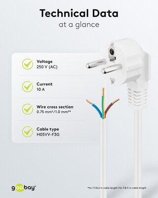 Kábel sieťový 230V, vidlica (CEE7/7) lomená - dutinky, 5m, 1.00mm², 16A, surový, biely