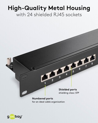 19" Patch panel 24port cat.6a, tienený s uzemnením, celokovový, 1U, čierny