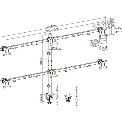 Držiak pre 6x monitor na stôl, úchyt o dosku, max 7kg, výška 860mm, VESA 75/100, čierny