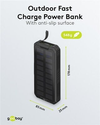 Solárna PowerBank 20000mAh, QC 3.0, Lítiová, Zabudované LED svetlo, čierna