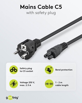 Kábel sieťový 230V pre notebook, vidlica (CEE7/7) priama - C5, 1.8m, 0.75mm², 2.5A, čierny