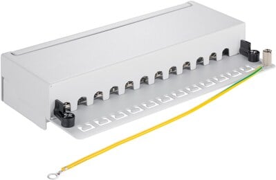 Patch panel 12port cat.5e, tienený s uzemnením, celokovový, montáž na stenu, 1U, sivý