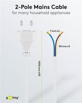 Kábel sieťový 230V, 2pin vidlica (CEE7/16) priama - dutinky, 1.5m, 0.75mm², 2.5A, surový, biely