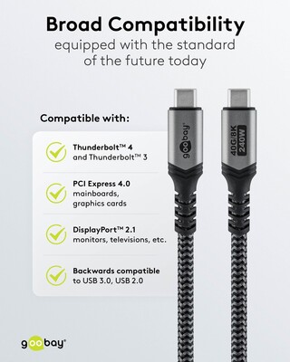 Kábel USB 4 Gen 3x2, Typ C CM/CM 0.5m, 40Gbps, PD 240w 48V5A, oplet, čiernosivý