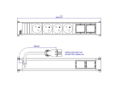 Power Frame 4xUTE 230V, 2xCustom, 0.2m kábel 1.5mm², GST18, biely