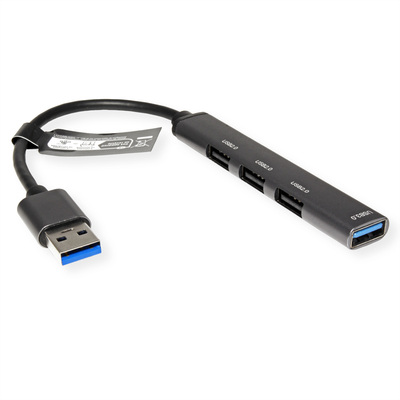 Hub USB 3.2 Gen.1, 4 Port, 3x USB 2.0 A, 1x USB 3.2 A, 12cm, sivá a čierna