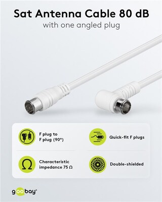Kábel satelitný, koax F-konektor QUICK M/M 1.5m, 75 Ohm, 80dB, 2x tienený, CCS, biely, 1x90°