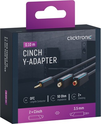 Kábel 3.5mm stereo/2xCinch M/F 0.1m, modrý, pozl. konektor, ClickTronic