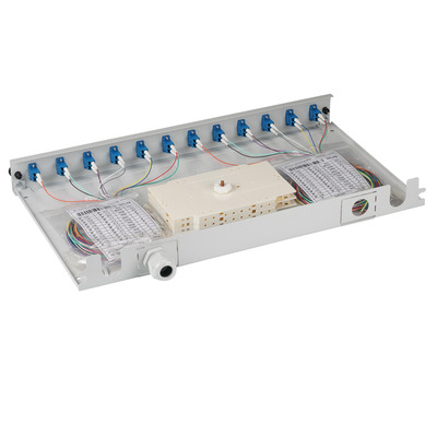Patchpanel optický kompletný (pigtails + holders), výsuvný, 24 x LC Duplex, OS2, vaňa, sivý