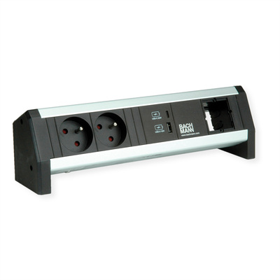 DESK 2xUTE 230V, 1xCustom, nabíjačka (USB A + USB C), GST18 IN/OUT, hliník/čierny