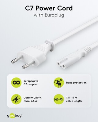 Kábel sieťový 230V, 2pin vidlica (CEE7/16) priama - C7 (2pin), 1.8m, 0.75mm², 2.5A, biely