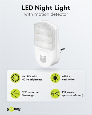 Svetlo so senzorom, do zásuvky 1.1W/67lm (IP20), detekcia: 120°, 9m dosah, studená biela