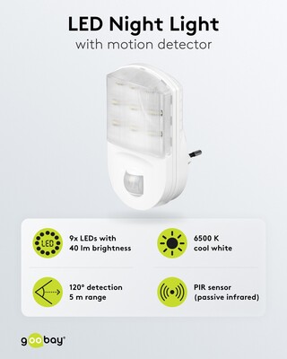 Svetlo LED so senzorom, do zásuvky 1.1W/67lm (IP20), detekcia: 120°, 9m dosah, studená biela