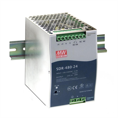 Napájací zdroj MEAN WELL SDR-480-24, montáž na DIN, 480W, 24V DC, 85.5x125.2x128.5mm