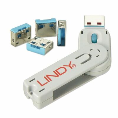 USB Port Blocker, 1 x kľúč, 4x zámok USB-A, modrý