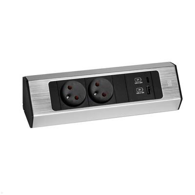 CASIA2 2xUTE 230V, USB nabíjačka, 2m kábel 1.5mm², vidlica CEE7/7, Hliník, nerezová farba