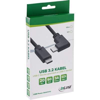 Kábel USB 3.2 Gen 2x2, Typ C CM/CM 2m, 20Gbps, PD 60w 20V3A, čierny, zahnutý 90°