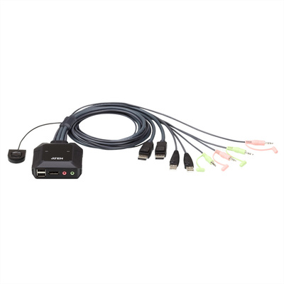 KVM switch/prepínač 2PC, DisplayPort 1.2, USB, audio, 1.2m káble, 4096x2160@30Hz, prepínanie tlačidl