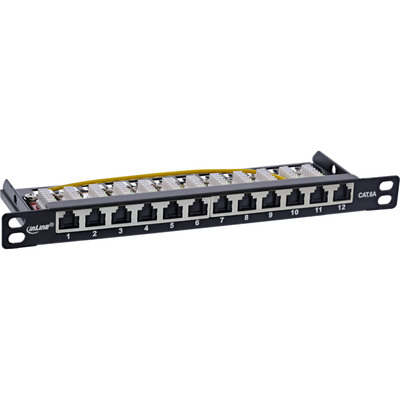 10" Patch panel 12port cat.6a, tienený s uzemnením, celokovový, protiprachové záslepky, 0.5U, čierny