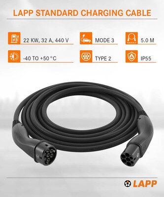 Kábel LAPP nabíjací pre elektromobily Type 2, 5m, 22kW, 32A, 3 fázy, čierny