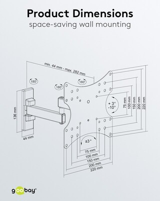 Držiak pre monitor / TV na stenu, max 15kg, rameno 282mm, VESA 75/100/200, čierny