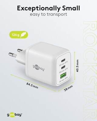 Nabíjačka USB 230V 3port, 1xUSB A, 2xUSB Typ C, 65W, Power Delivery, GaN, biela