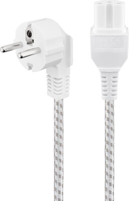 Kábel sieťový 230V, vidlica (CEE7/7) lomená - C15, 2m, 0.75mm², 10A, textilný, biely