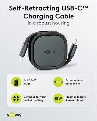 Kábel USB 2.0 Typ C CM/CM 1m, High Speed, Power Delivery 15w 5V3A, čierny, samonavíjací