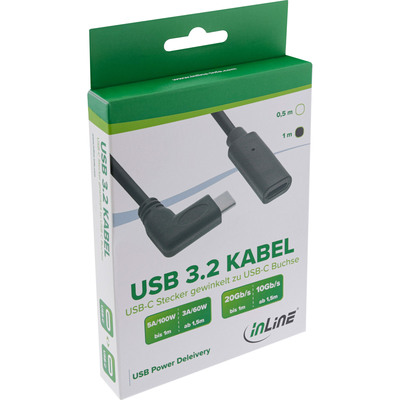 Kábel USB 3.2 Gen 2x2, Typ C CM/CF 0.5m, 20Gbps, PD 100w 20V5A, predlžovací, čierny, zahnutý 90°