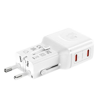 Nabíjačka USB 230V 2port, EU/UK/US, 2xUSB Typ C, 45W, PD, QC 3.0, cestovná/skladacia/vrecková, biela