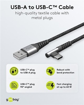 Kábel USB 2.0 Typ C AM/CM 1m, High Speed, Power Delivery 60w 20V3A, čierny/sivý, zahnutý 90°
