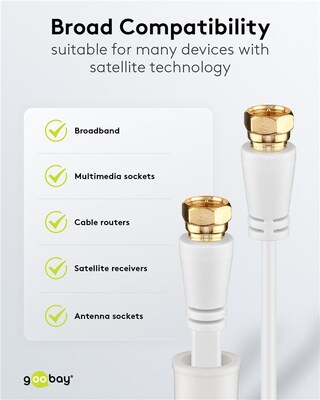 Kábel satelitný, koax F-konektor M/M 7.5m, 75 Ohm, 80dB, 2x tienený, CCS, biely, pozl. kon., plochý