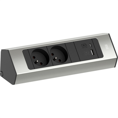 CASIA2 2xUTE 230V, USB nabíjačka, 2m kábel 1.5mm², vidlica CEE7/7, Hliník, nerezová farba