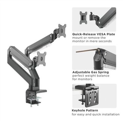 Držiak pre 2x monitor na stôl, úchyt o dosku, pneumatický, max 15kg, rameno 526mm VESA 75/100 čierny