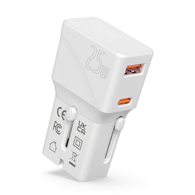 Nabíjačka USB 230V 2port, EU/UK/US, 1xUSB A, 1xUSB Typ C, 25W, PD, QC 3.0, cestovná/skladacia, biela