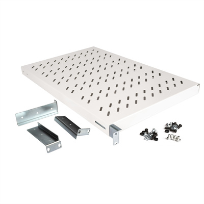 19" Polica 770mm, max. 50kg, 1U, sada skrutiek a podložiek v balení, sivá