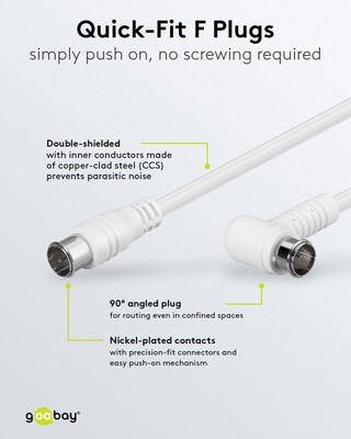 Kábel satelitný, koax F-konektor QUICK M/M 2.5m, 75 Ohm, 80dB, 2x tienený, CCS, biely, 1x90°