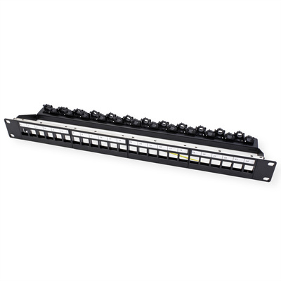 19" Patch panel 24port Keystone, tienený s uzemnením, celokovový, klipsové úchytky, 1U, čierny