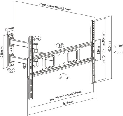 Držiak pre TV 37-70" na stenu, max 35kg, rameno 427mm, VESA do 600x400, čierny