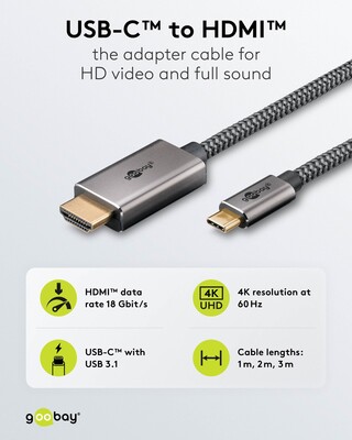 Kábel USB 3.1 Typ C na HDMI M/M 2m, gen.2, 4K@60Hz, čierny/sivý, oplet, pozl. konektor
