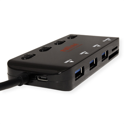 Hub USB 3.2 Gen 1, 4 Port, 3x USB A, čítačka, s vypínačmi, čierny
